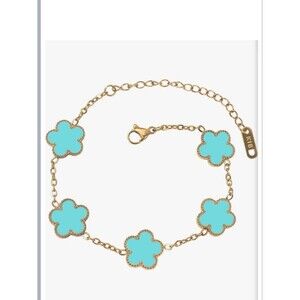 18K Gold Blue Clover Charm Bracelet Van Cleef Style Dainty Alhambra Chain Luxury
